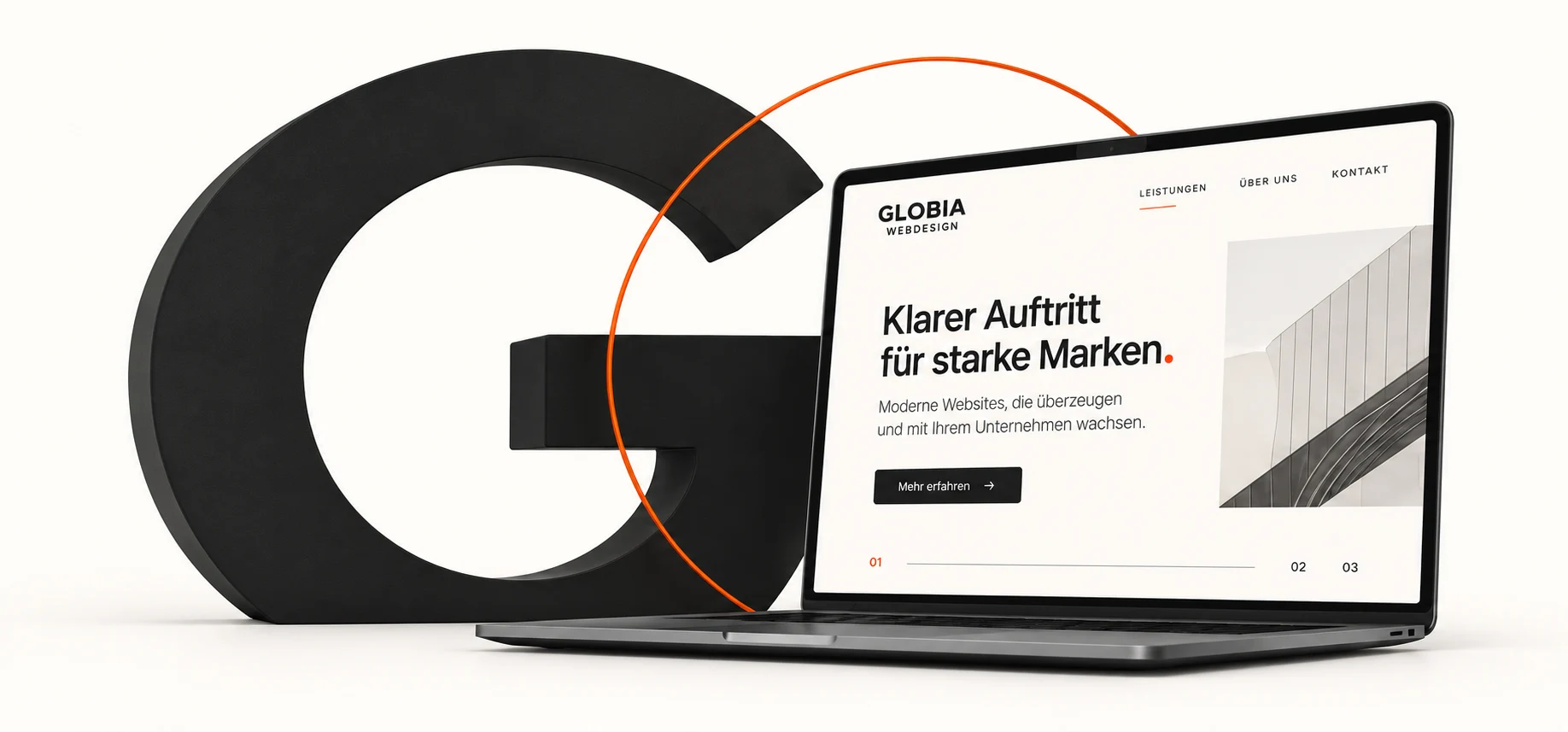 Großes G mit orangefarbenem Ring und Laptop mit GLOBIA Website-Entwurf